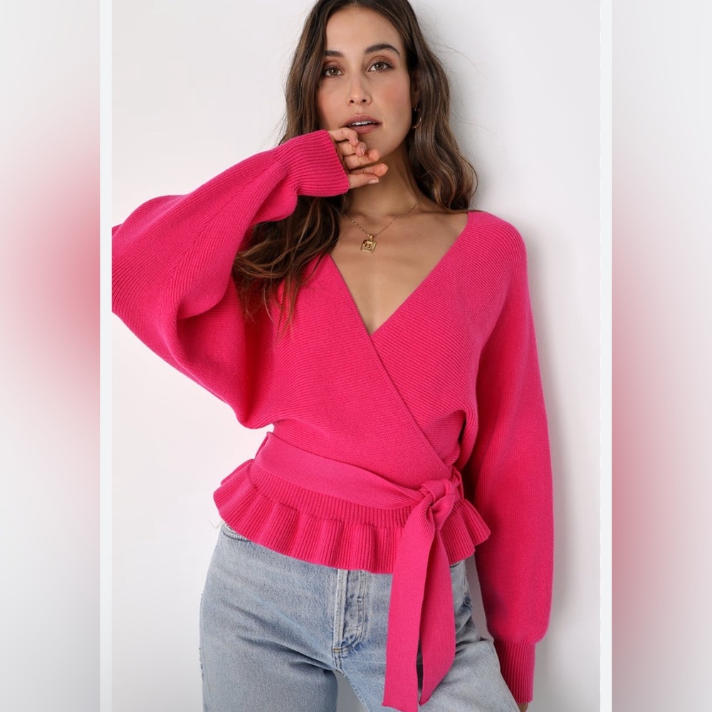 Sweet and Sophisticated Hot Pink Knit Faux-Wrap Sweater
